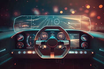 Car interior, neon monitor, steering wheel and controls, rear view. Sports car, futuristic autonomous vehicle. HUD car. Generative AI - obrazy, fototapety, plakaty
