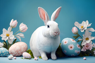 Naklejka na ściany i meble Cute white Easter bunny standing among painted Easter eggs and flowers, festive atmosphere, on light blue background. Generative Ai illustration