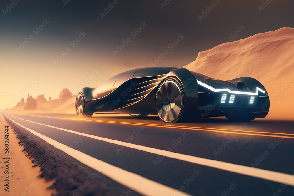 Canvas Prints The car drives through the sandy desert, rear view. Sports car, futuristic autonomous vehicle. HUD car. Generative AI