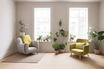 Stylish Armchair and Diffrent Potted Plants, Big Window, Minimalist Interior Design