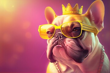 A bulldog is wearing a yellow jacket, crown and sunglasses on a pink background. Generative AI, Generative, AI