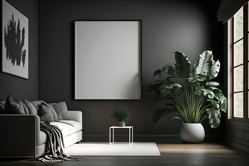 3D render. Home interior, modern dark living room interior, natural bright lighting. black empty wall, white frame mock up. Generative AI