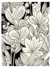Hand drawing black and white floral, flower and leaves hand drawn vector illustration.