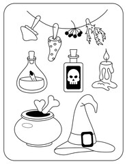 Halloween. Witch set. Fly agaric, berries,poison vial, potion, hat.Vector black and white illustration.