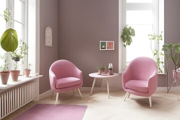 Stylish Armchair and Diffrent Potted Plants, Big Window, Minimalist Interior Design