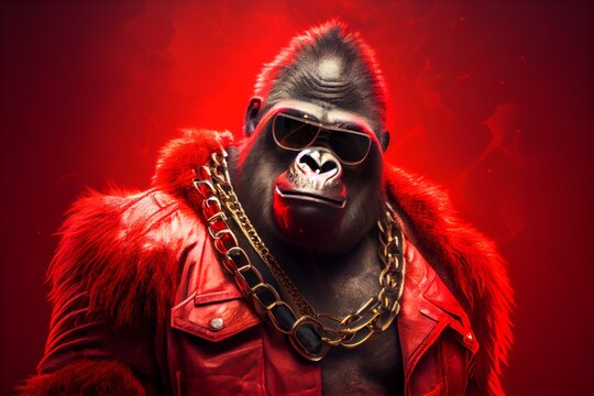 A king gorilla with sunglasses and a red jacket. Generative AI, Generative, AI