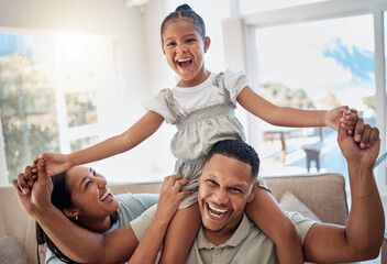 Happy family, smile and piggyback playing on sofa for quality bonding or relaxing together at home. Mother, father and child smiling for joy in playful fun and family time on the living room couch - obrazy, fototapety, plakaty