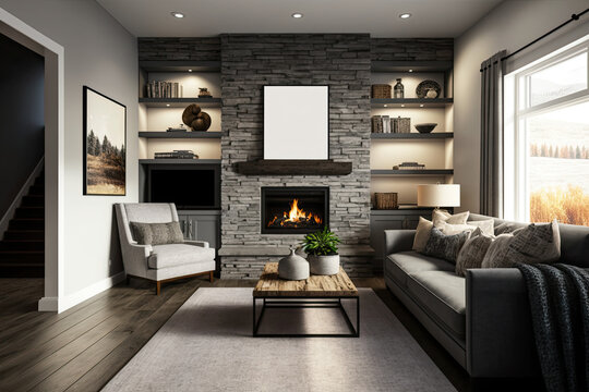  Living room interior in gray and brown colors features gray sofa atop dark hardwood floors facing stone fireplace with built in shelves. Northwest, USA, blank mockup, generative AI