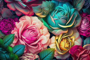 Abstract Background with Colorful Rose Flowers .AI generated Illustration. - 580076915