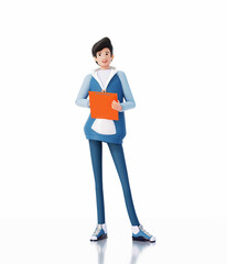 Young man with notepad isolated in white background. 3D rendering illustration