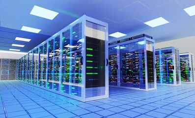 Plakat Big Modern server room, data centre or mining farm interior with beautiful neon lights reflections. Big bata, internet, security, personal information, business storage. 3D rendering illustration
