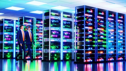 Two businessmen walking  in big modern server room, data centre or mining farm, controlling the working process. 3D rendering illustration