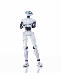 White robot looking to camera,  3D rendering illustration isolated on white background. Technology concept