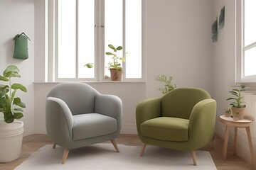 Stylish Armchair and Diffrent Potted Plants, Big Window, Minimalist Interior Design