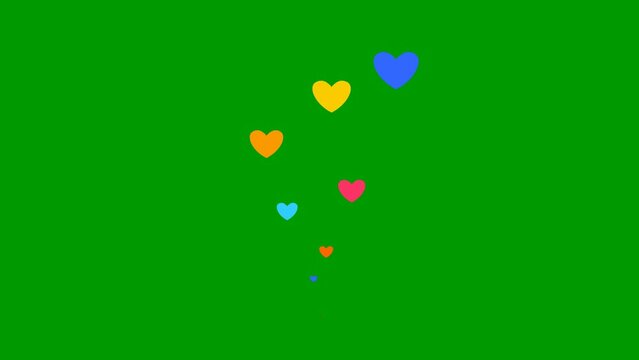 Animated colorful hearts fly from bottom to top. Concept of love, passion. Fountain from hearts isolated on green background.