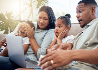 Scary, movie and family cover eyes of children for inappropriate content on laptop screen. Censorship control, entertainment and mom and dad with kids watching horror or shocking film online on sofa - obrazy, fototapety, plakaty