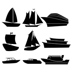collection of boat and ship designs in silhouette style on white isolated background.