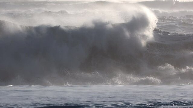 Powerful Ocean Wave, Storm in the Atlantic Ocean, Fabulous sea tide on sunny day. Huge waves crashing and splashing. Shot in 8k resolution 4320p