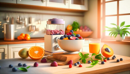 Fototapeta na wymiar mixer of fruit orange juice and berry with salads dish breakfast on the wooden table in the modern kitchen, Generative ai
