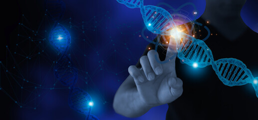 Man pointing out analyzing virtual DNA gene transfer data. Rebirth and copy space  blue background