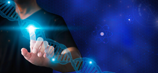 Fototapeta na wymiar Man pointing out analyzing virtual DNA gene transfer data with copy space