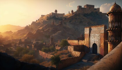Fototapeta Old fort at sunset. Generative AI obraz