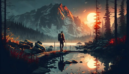 A hiker making their way up the mountain road. Watercolor illustration. Generative AI