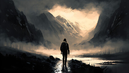 A hiker making their way up the mountain road. Watercolor illustration. Generative AI
