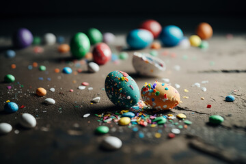 Happy Easter Greeting Background with Colorful Eggs. Generative AI