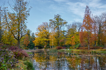 Autumn ecological park with colorful autumn trees. Pond in the middle of the park. Cityscape of Wroclaw, Poland.