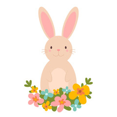 Easter bunny. Cute smiling bunny with flowers on white background