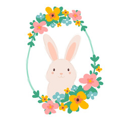 Easter bunny. Oval spring frame with flowers