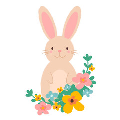 Obraz na płótnie Canvas Easter bunny. Cute smiling rabbit with flowers on white background