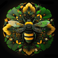 Colorful ornate bumblebee mandala art on a black background. Created with Generative AI technology.