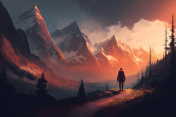 A hiker making their way up the mountain road. Watercolor illustration. Generative AI