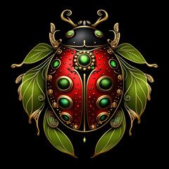 Colorful ladybug beetle mandala art on a black background. Created with Generative AI technology.