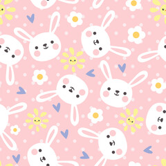 Happy white bunny with sun, flowers and hearts on a cute pink polka dot background. Kids vector seamless pattern.