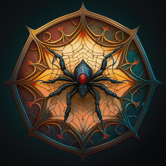 Detailed black widow spider mandala art on a black background. Created with Generative AI technology.