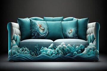 Aquamarine colored sofa with cushions. Interior design illustration of a couch reated using generative AI tools.