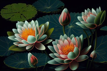Fototapeta na wymiar A pattern of water lilies on a green background. Generative AI