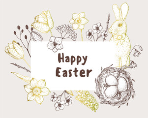 Easter vector illustration. Hand drawn sketches. Design elements. Hand drawn easter bunny, easter eggs, spring flowers, basket with eggs. Vintage engraved style.