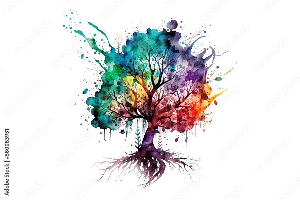 Poster a tree with roots is drawn with watercolors isolated on a white background. generated by ai