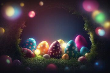 Obraz na płótnie Canvas Happy Easter Greeting Background with Colorful Eggs. Generative AI
