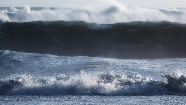 Powerful Ocean Wave, Storm in the Atlantic Ocean, Fabulous sea tide on sunny day. Huge waves crashing and splashing. Shot in 8k resolution 4320p