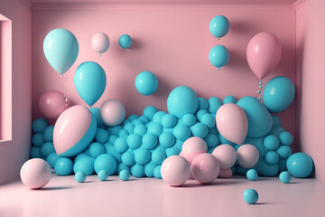 Fototapeta na wymiar Blue balloons floating in the studios pink pastel background. Illustration AI Generative