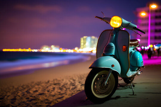 Scooter moped at ocean drive miami beach at night with neon lights from hotels. Neural network AI generated art