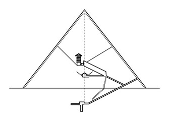 Great Pyramid of Giza, vertical section, viewed from the East. Elevation diagram of the interior structures of the largest pyramid in Egypt, and the oldest of the Seven Wonders of the Ancient World.
