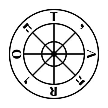Wheel of Fortune, symbol from the tarot card and Major Arcanum number X. Wagon wheel with 8 spokes, clockwise the capital letters TARO, and the hebrew serifs yodh, he, waw, he, for the Tetragrammaton.