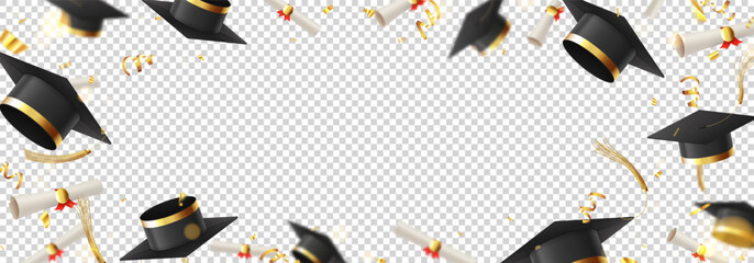 Template for decorative design of graduation. Falling graduation caps and scrolls, golden confetti and serpentine on checkered background. Vector illustration for decoration social media, posters.