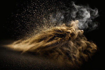 Golden Glitter Dust Smoke on Black Background. Illustration AI Generative